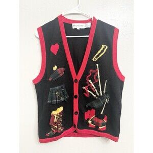 Vintage The Eagle's Eye Large Sweater Vest Red Irish Scotland Bagpipes Dog Kilt